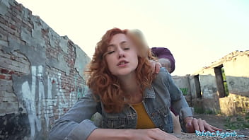 A Fiery Ginger Waitress Services A Hard Cock With Her Eager Mouth Before Getting Pounded Doggystyle In The Open Air For All To See.