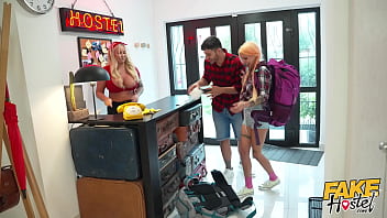Steamy Hostel Quickie With My Hot Girlfriend Explodes Into A Wild Threesome When A Busty, Insatiable Milf Staffer Joins The Fun